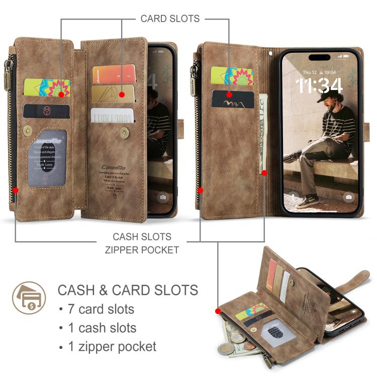 For iPhone 17 CaseMe C30 Card Slots Zipper Wallet Leather Phone Case(Brown) by CaseMe