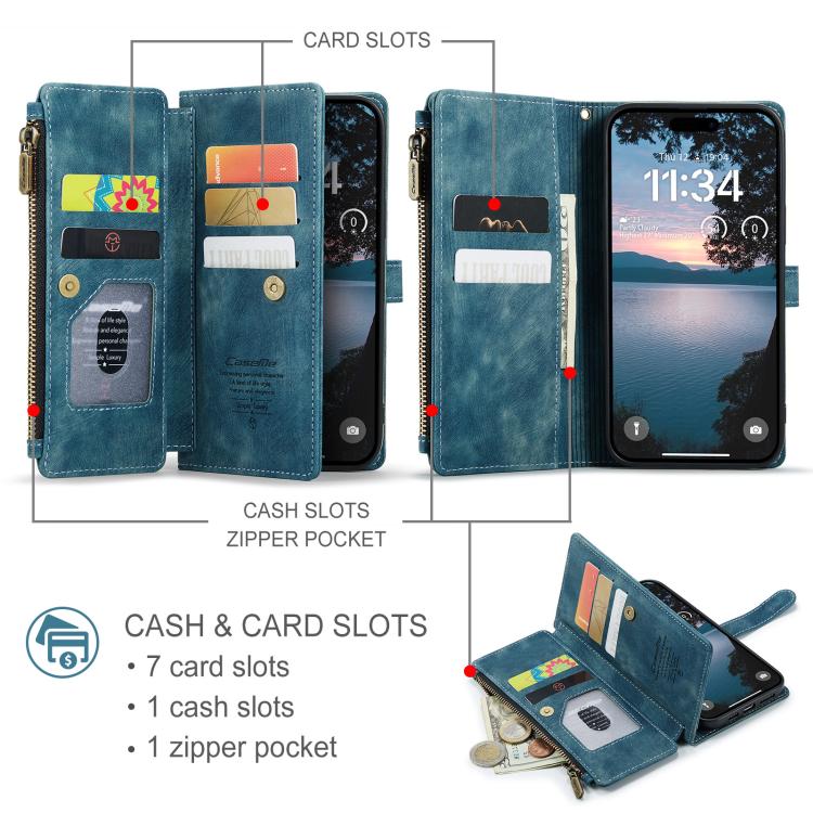For iPhone 17 Pro CaseMe C30 Card Slots Zipper Wallet Leather Phone Case(Blue) by CaseMe