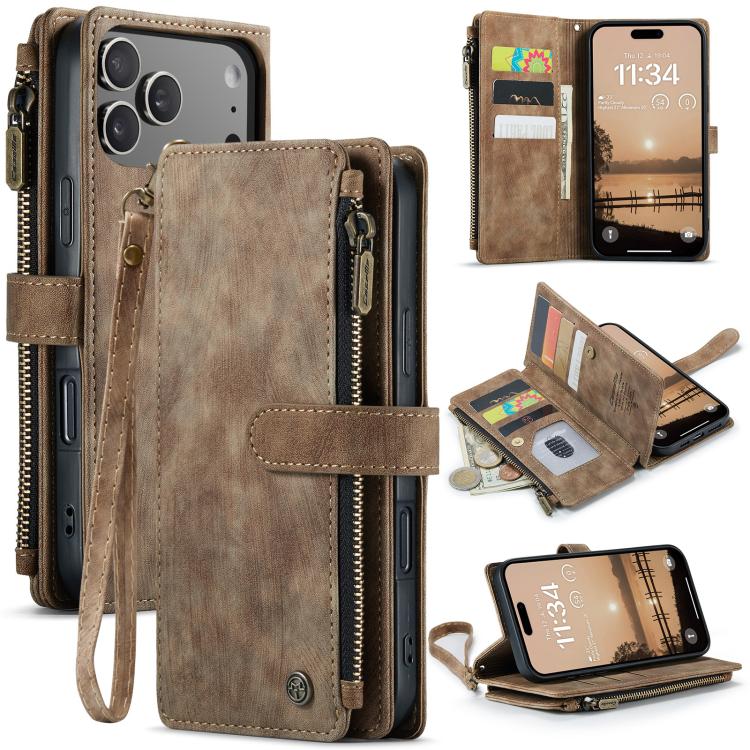 For iPhone 17 Pro Max CaseMe C30 Card Slots Zipper Wallet Leather Phone Case(Brown) by CaseMe