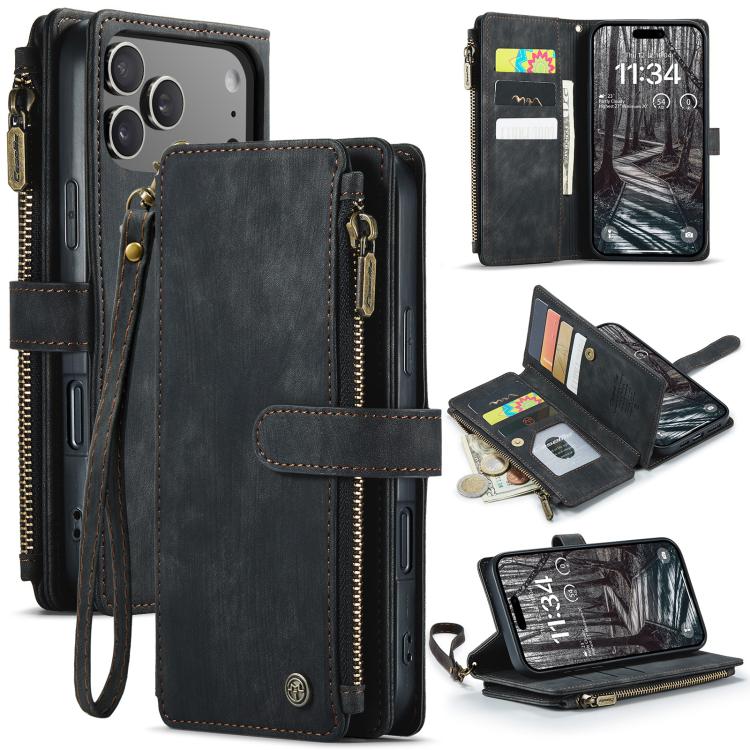 For iPhone 17 Pro Max CaseMe C30 Card Slots Zipper Wallet Leather Phone Case(Black) by CaseMe