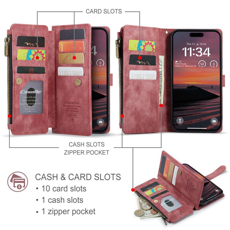 For iPhone 17 Pro Max CaseMe C30 Card Slots Zipper Wallet Leather Phone Case(Red) by CaseMe
