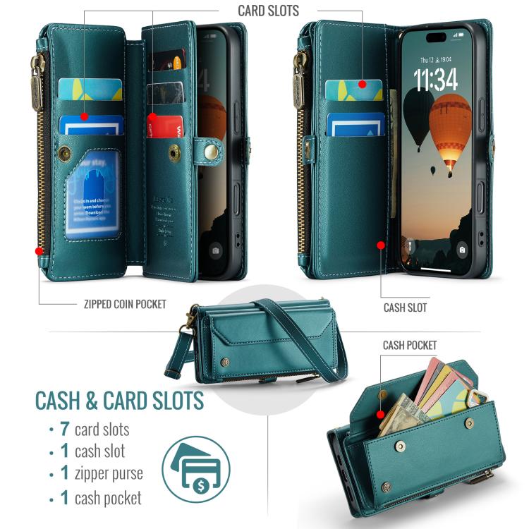 For iPhone 17 Pro CaseMe C36 Card Slots Zipper Wallet RFID Anti-theft Leather Phone Case(Blue) by CaseMe