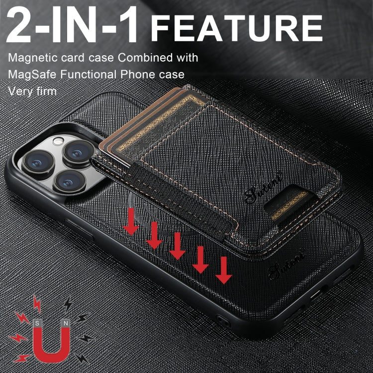 For iPhone 16 Pro Suteni H17 Cross Grain Leather MagSafe Detachable Wallet Phone Case(Black) by Suteni
