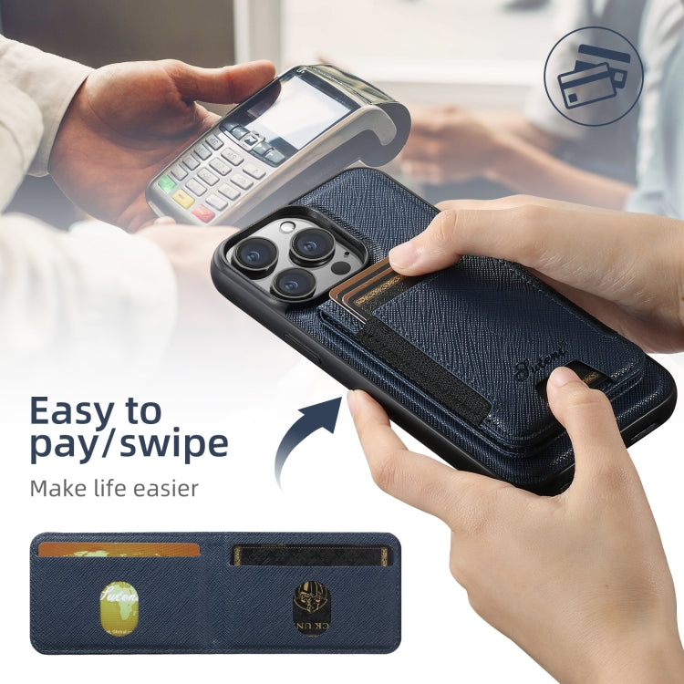 For iPhone 16 Pro Suteni H17 Cross Grain Leather MagSafe Detachable Wallet Phone Case(Blue) by Suteni