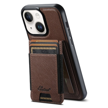 For iPhone 15 Suteni H17 Cross Grain Leather MagSafe Detachable Wallet Phone Case(Brown) by Suteni