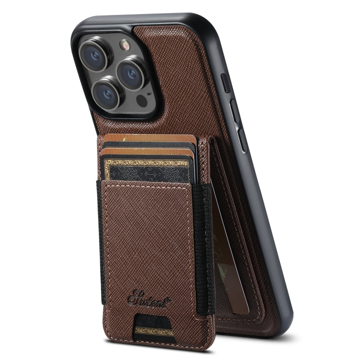 For iPhone 14 Pro Suteni H17 Cross Grain Leather MagSafe Detachable Wallet Phone Case(Brown) by Suteni