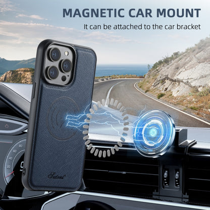 For iPhone 14 Suteni H17 Cross Grain Leather MagSafe Detachable Wallet Phone Case(Blue) by Suteni