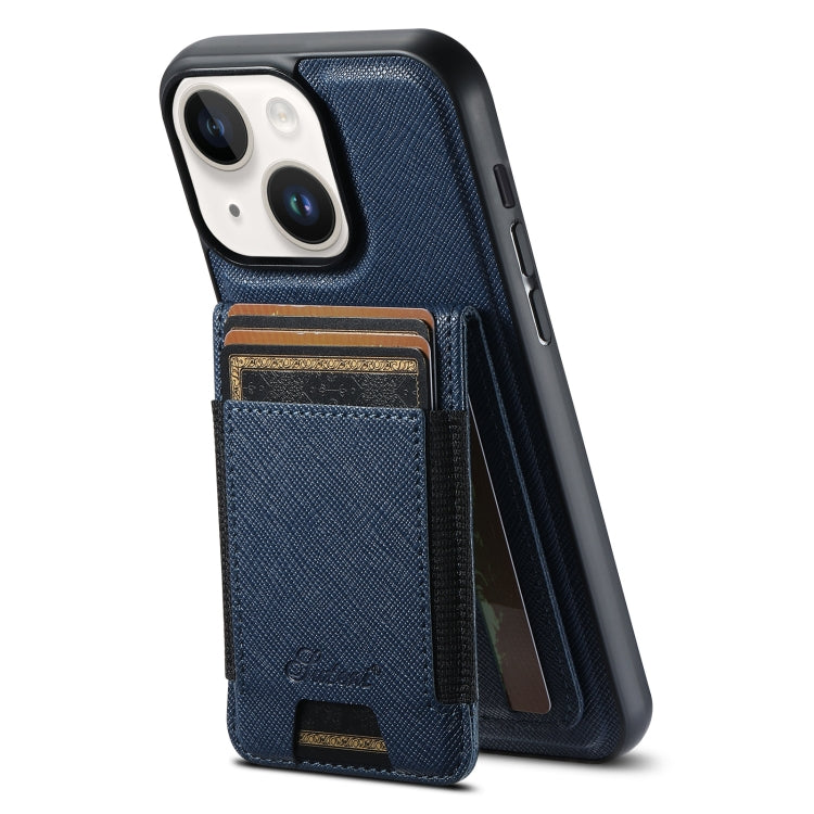 For iPhone 13 Suteni H17 Cross Grain Leather MagSafe Detachable Wallet Phone Case(Blue) by Suteni