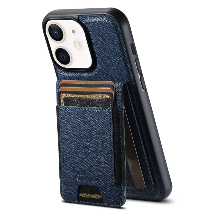 For iPhone 12 Suteni H17 Cross Grain Leather MagSafe Detachable Wallet Phone Case(Blue) by Suteni
