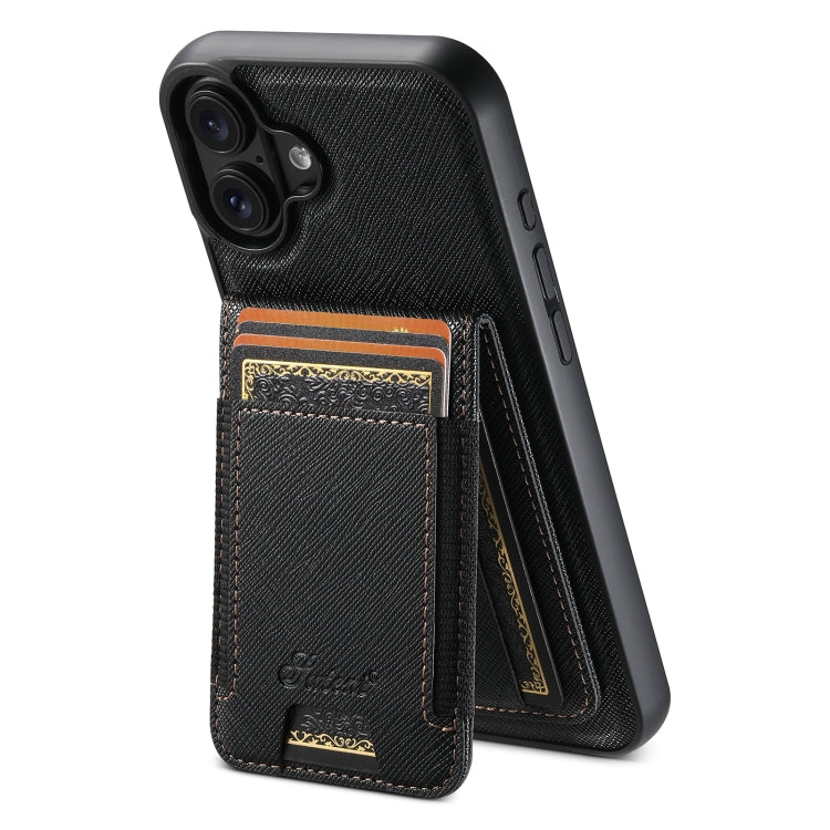 For iPhone 16 Plus Suteni H17 Cross Grain Leather MagSafe Detachable Wallet Phone Case(Black) by Suteni