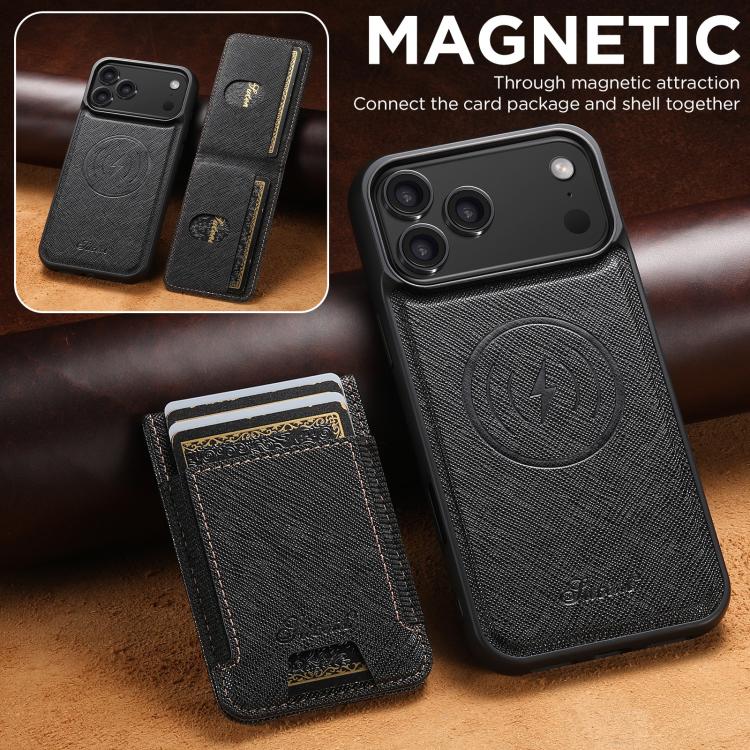 For iPhone 17 Pro Max Suteni H17 Cross Grain Leather MagSafe Detachable Wallet Phone Case(Black) by Suteni