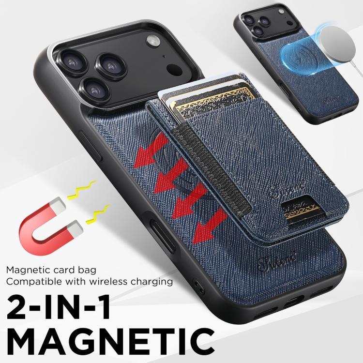 For iPhone 17 Pro Max Suteni H17 Cross Grain Leather MagSafe Detachable Wallet Phone Case(Blue) by Suteni