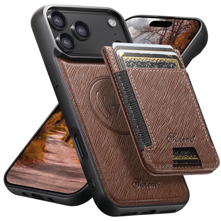 For iPhone 17 Pro Suteni H17 Cross Grain Leather MagSafe Detachable Wallet Phone Case(Brown) by Suteni