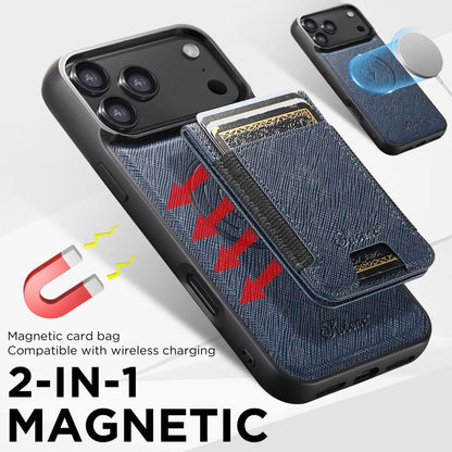 For iPhone 17 Pro Suteni H17 Cross Grain Leather MagSafe Detachable Wallet Phone Case(Blue) by Suteni