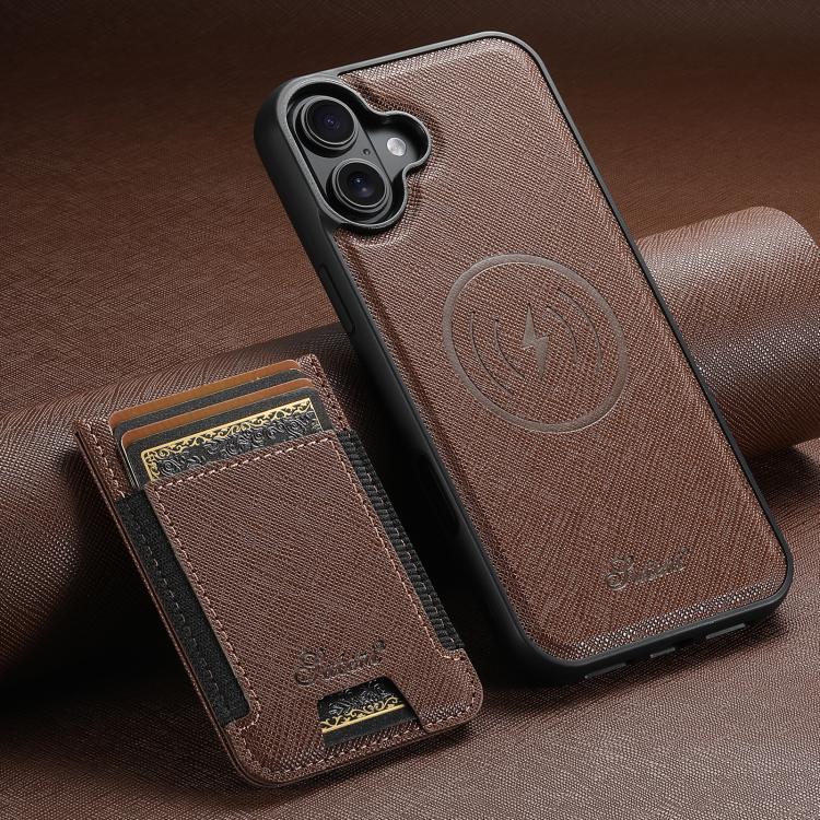 For iPhone 17 Suteni H17 Cross Grain Leather MagSafe Detachable Wallet Phone Case(Brown) by Suteni