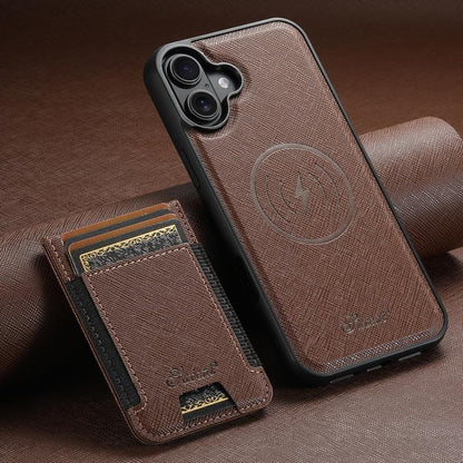 For iPhone 17 Suteni H17 Cross Grain Leather MagSafe Detachable Wallet Phone Case(Brown) by Suteni