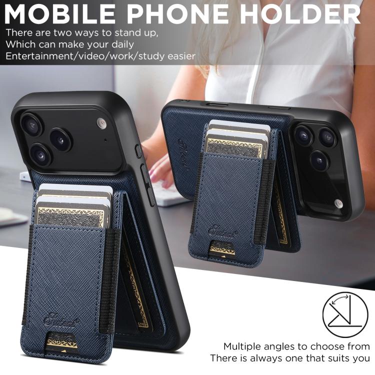 For iPhone 17 Suteni H17 Cross Grain Leather MagSafe Detachable Wallet Phone Case(Blue) by Suteni