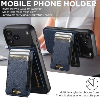 For iPhone 17 Suteni H17 Cross Grain Leather MagSafe Detachable Wallet Phone Case(Blue) by Suteni