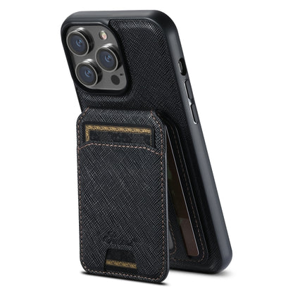 For iPhone 16 Pro Max Suteni H18 Cross Grain MagSafe Wallet Leather Phone Case(Black) by Suteni