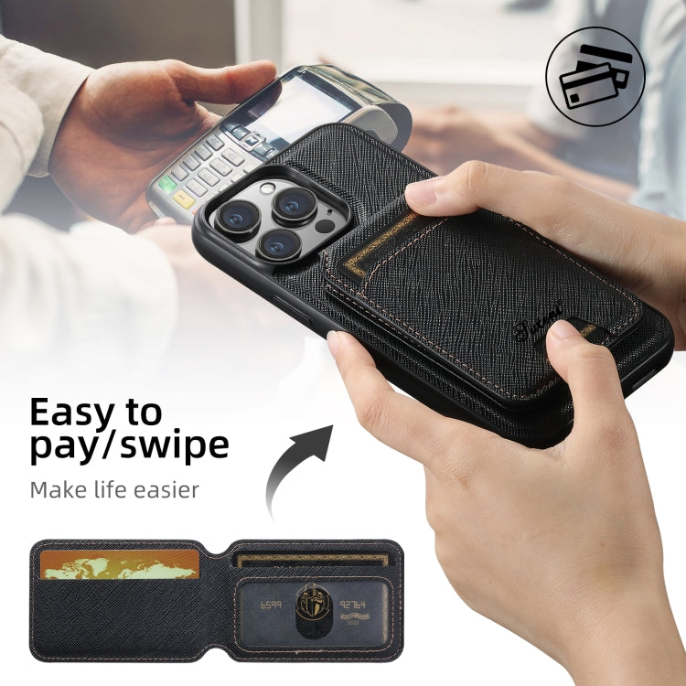 For iPhone 16 Plus Suteni H18 Cross Grain MagSafe Wallet Leather Phone Case(Black) by Suteni