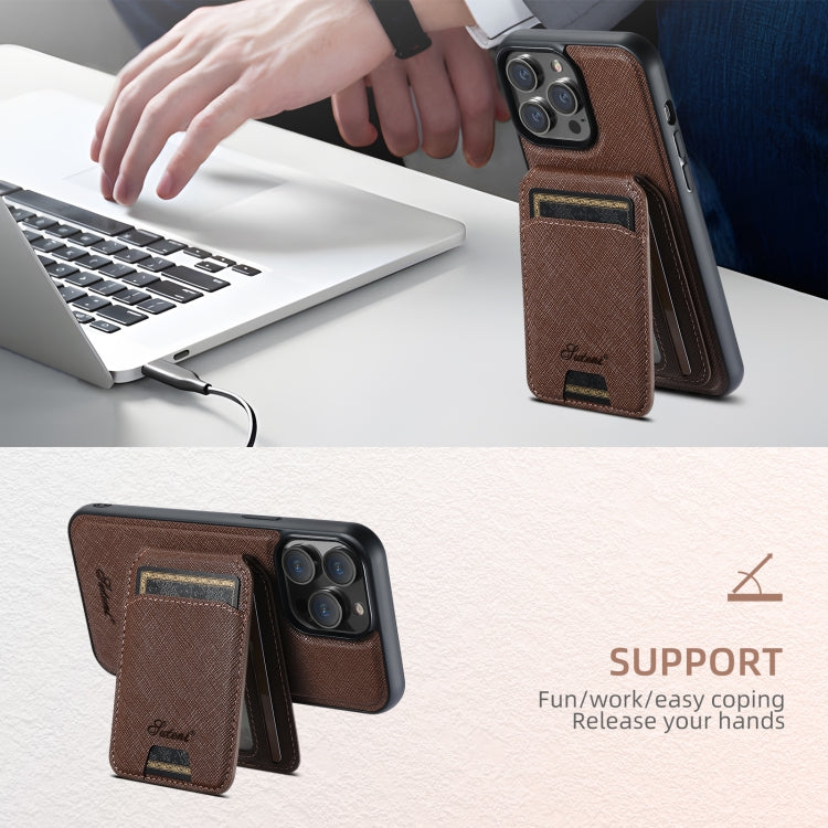 For iPhone 16 Plus Suteni H18 Cross Grain MagSafe Wallet Leather Phone Case(Brown) by Suteni