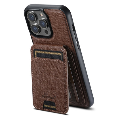 For iPhone 16 Pro Suteni H18 Cross Grain MagSafe Wallet Leather Phone Case(Brown) by Suteni