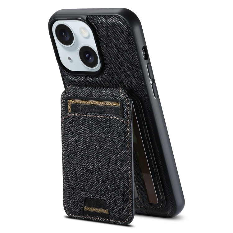 For iPhone 15 Suteni H18 Cross Grain MagSafe Wallet Leather Phone Case(Black) by Suteni