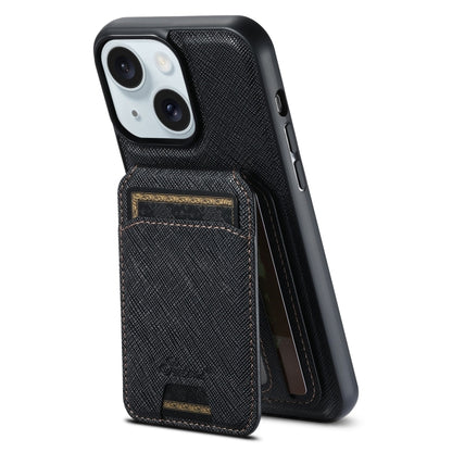 For iPhone 15 Suteni H18 Cross Grain MagSafe Wallet Leather Phone Case(Black) by Suteni