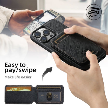 For iPhone 15 Suteni H18 Cross Grain MagSafe Wallet Leather Phone Case(Black) by Suteni