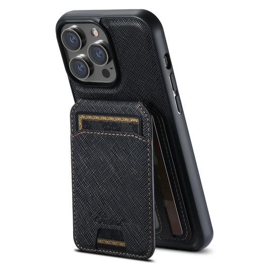 For iPhone 14 Pro Max Suteni H18 Cross Grain MagSafe Wallet Leather Phone Case(Black) by Suteni