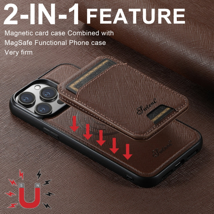 For iPhone 14 Pro Max Suteni H18 Cross Grain MagSafe Wallet Leather Phone Case(Brown) by Suteni