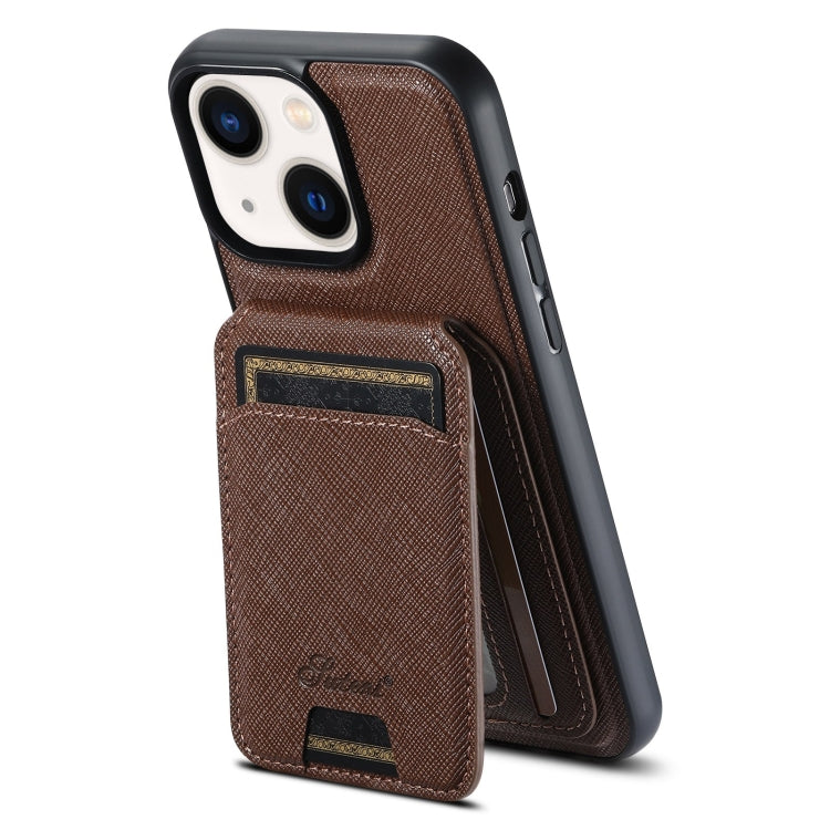 For iPhone 14 Plus Suteni H18 Cross Grain MagSafe Wallet Leather Phone Case(Brown) by Suteni
