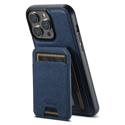 For iPhone 14 Pro Suteni H18 Cross Grain MagSafe Wallet Leather Phone Case(Blue) by Suteni