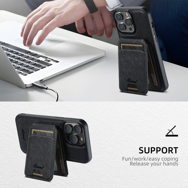 For iPhone 14 Suteni H18 Cross Grain MagSafe Wallet Leather Phone Case(Black) by Suteni
