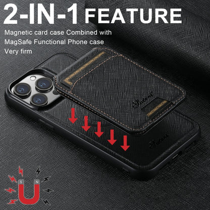 For iPhone 14 Suteni H18 Cross Grain MagSafe Wallet Leather Phone Case(Black) by Suteni