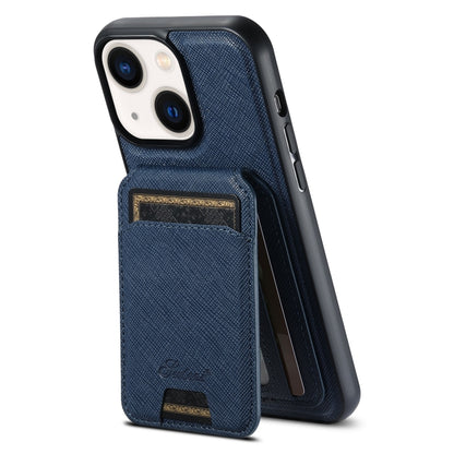 For iPhone 14 Suteni H18 Cross Grain MagSafe Wallet Leather Phone Case(Blue) by Suteni