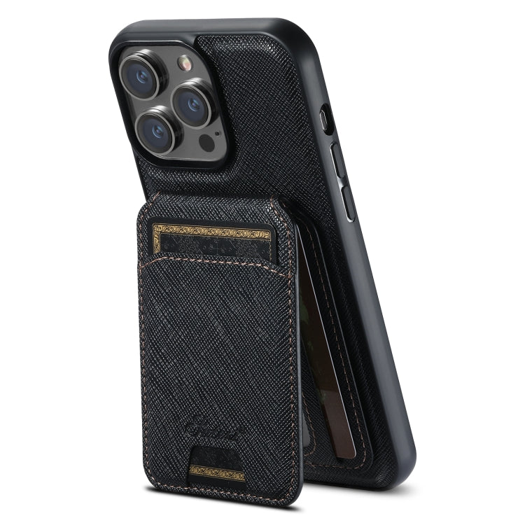 For iPhone 13 Pro Max Suteni H18 Cross Grain MagSafe Wallet Leather Phone Case(Black) by Suteni