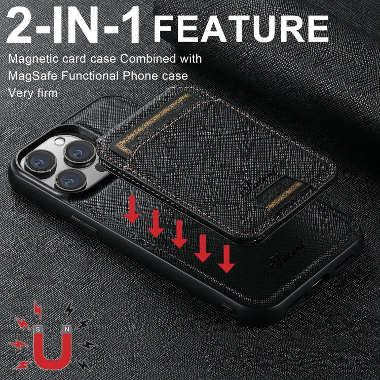 For iPhone 13 Pro Suteni H18 Cross Grain MagSafe Wallet Leather Phone Case(Black) by Suteni