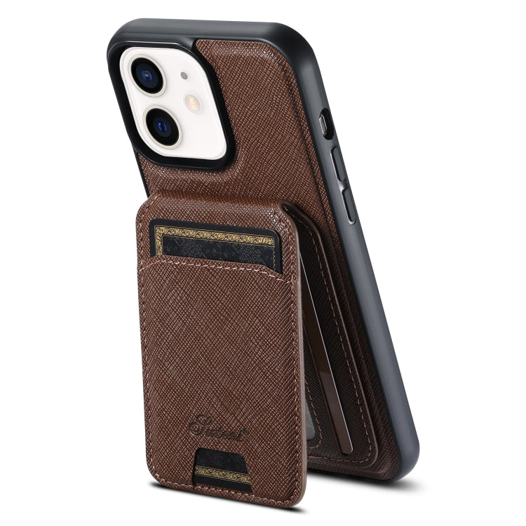 For iPhone 12 Suteni H18 Cross Grain MagSafe Wallet Leather Phone Case(Brown) by Suteni