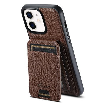 For iPhone 12 Suteni H18 Cross Grain MagSafe Wallet Leather Phone Case(Brown) by Suteni