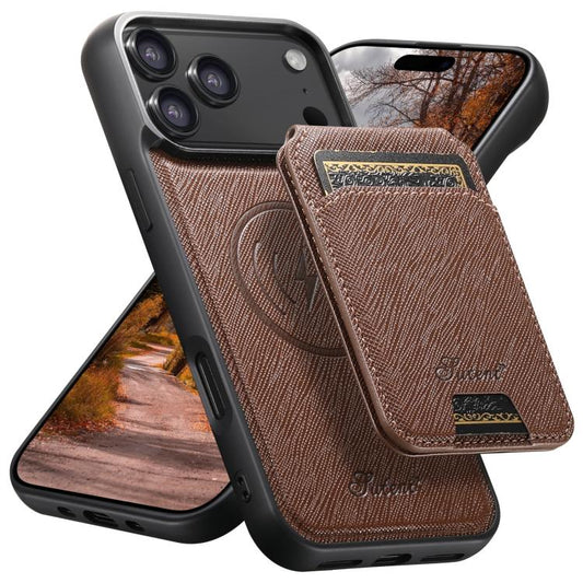 For iPhone 17 Pro Max Suteni H18 Cross Grain MagSafe Wallet Leather Phone Case(Brown) by Suteni