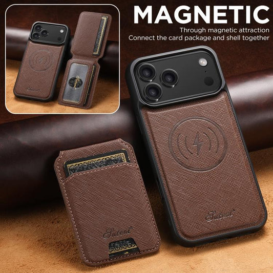 For iPhone 17 Pro Max Suteni H18 Cross Grain MagSafe Wallet Leather Phone Case(Brown) by Suteni