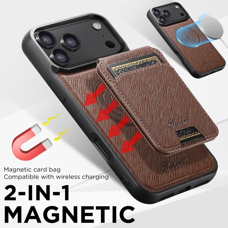 For iPhone 17 Pro Max Suteni H18 Cross Grain MagSafe Wallet Leather Phone Case(Brown) by Suteni