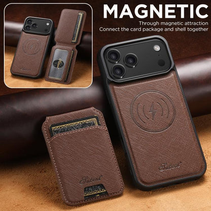 For iPhone 17 Pro Suteni H18 Cross Grain MagSafe Wallet Leather Phone Case(Brown) by Suteni