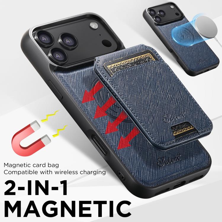 For iPhone 17 Pro Suteni H18 Cross Grain MagSafe Wallet Leather Phone Case(Blue) by Suteni