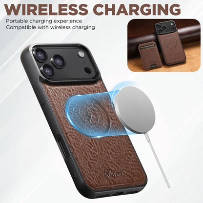 For iPhone 17 Suteni H18 Cross Grain MagSafe Wallet Leather Phone Case(Brown) by Suteni