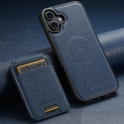 For iPhone 17 Suteni H18 Cross Grain MagSafe Wallet Leather Phone Case(Blue) by Suteni