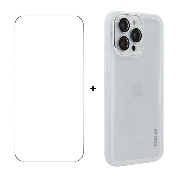 For iPhone 15 Pro ENKAY Hat-Prince Translucent Matte TPU Phone Case with Lens Film + 9H Big Arc Edge Film(White) by ENKAY