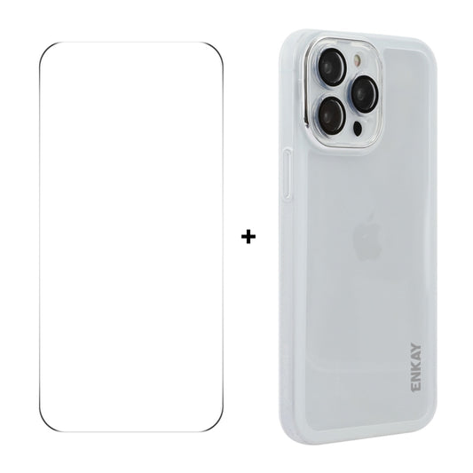 For iPhone 15 Pro ENKAY Hat-Prince Translucent Matte TPU Phone Case with Lens Film + 9H Big Arc Edge Film(White) by ENKAY