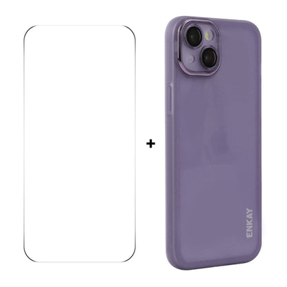 For iPhone 15 ENKAY Hat-Prince Translucent Matte TPU Phone Case with Lens Film + 9H Big Arc Edge Film(Purple) by ENKAY